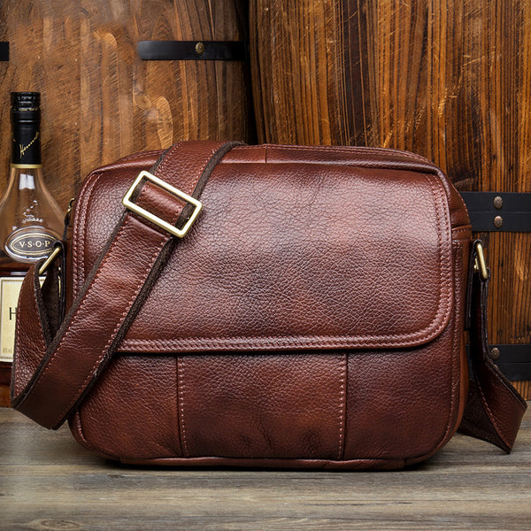 Casual Dark Brown Leather 8 inches Small Messenger Bag Side Bag Postman Bag for Men - iwalletsmen