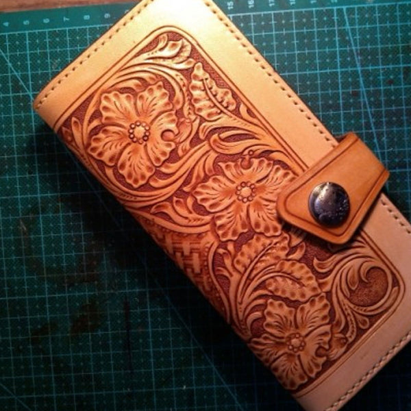 Handmade Tooled Floral Mens Leather Long Wallet Cool Long Wallet for Men - iwalletsmen