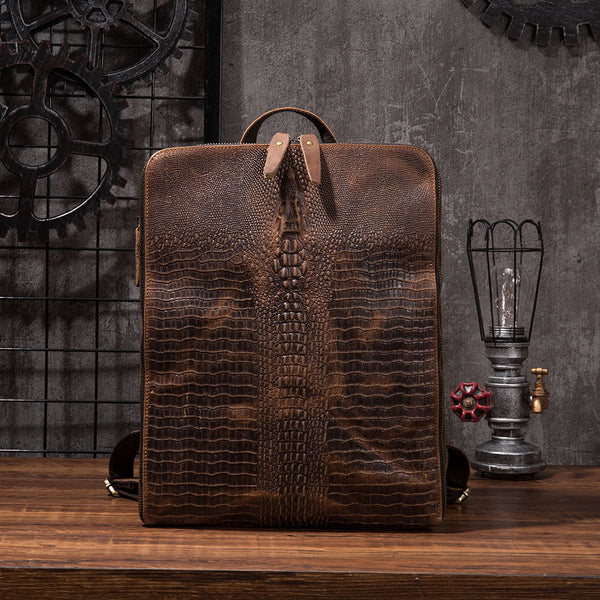 Cool Mens Leather Alligator Pattern Backpack Travel Backpacks Leather Hiking Backpack for Men - iwalletsmen