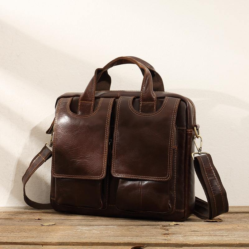 Cool Coffee Leather Mens 13 inches Vertical Briefcase Side Bag Messenger Bags Work Bags Courier Bag for Men - iwalletsmen