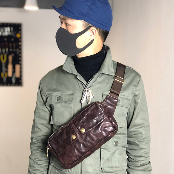 Black Cool Leather Men Fanny Pack Waist Bag Hip Pack Chest Bag Coffee Belt Bag Bumbag for Men - iwalletsmen