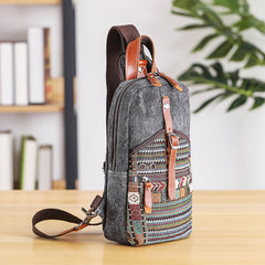 Canvas Mens Folk Gray Chest Bag One Shoulder Backpack Gray Sling Bag for Men - iwalletsmen