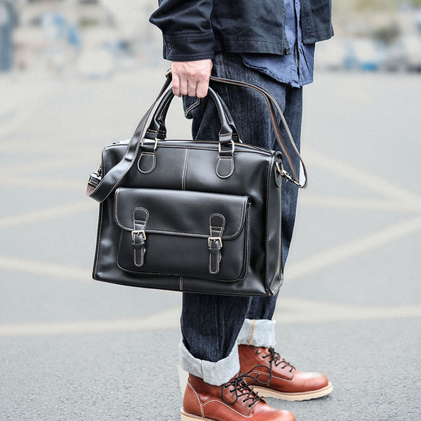 Handmade Black Mens Leather Briefcase Work Handbag Dark Brown 14'' Computer Briefcase For Men - iwalletsmen