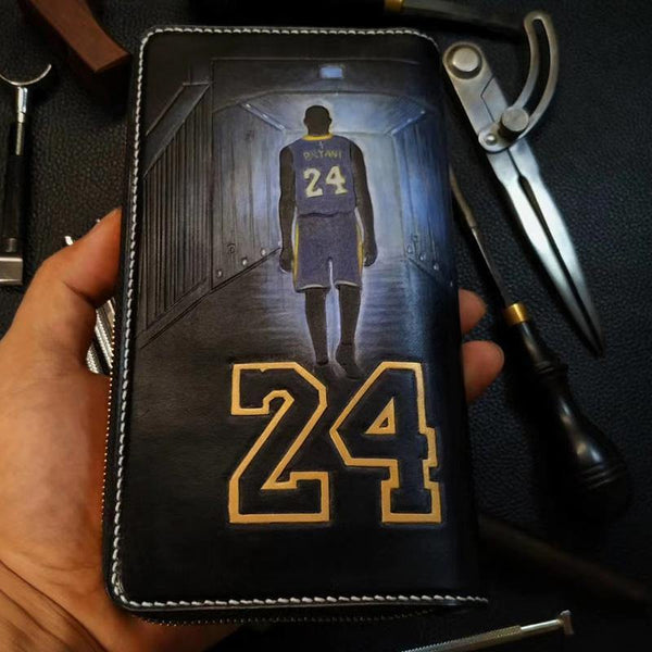 Badass Leather Men's Kobe Bryant Long Wallet Handmade Tooled Zipper Long Wallets For Men - iwalletsmen