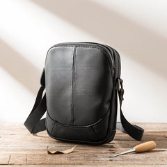 Black Leather Mens Small Vertical Messenger Bag Postman Bag Small Courier Bag for Men - iwalletsmen