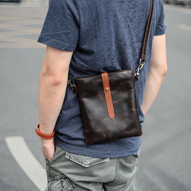 Dark Coffee Leather Mens Small Vertical Courier Bag Messenger Bags Black Small Postman Bag For Men - iwalletsmen