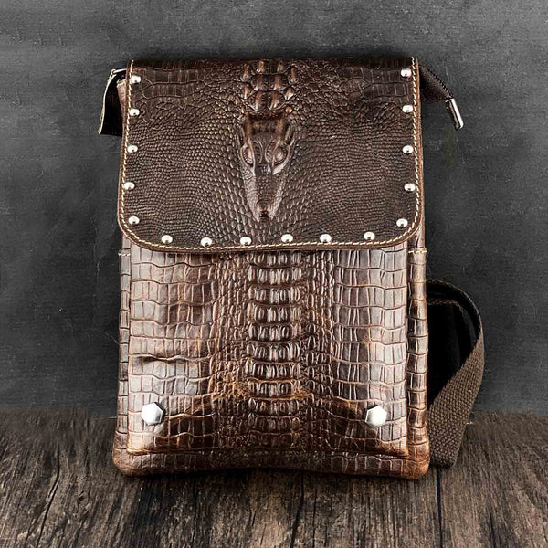 Badass Brown Leather Men's Small Vertical Shoulder Bag Side Bag Courier Bag Messenger Bag For Men - iwalletsmen