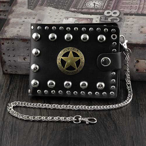 Punk Black Leather Men's Star Small Biker Wallet Chain Wallet Rock Rivet Black billfold Wallet with Chain For Men - iwalletsmen