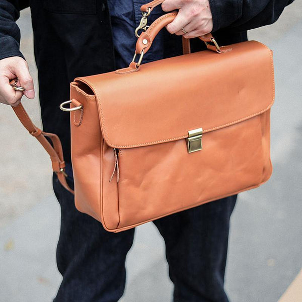 Vintage Light Brown Mens Leather Briefcase Work Handbags Brown 14'' Computer Briefcase For Men - iwalletsmen