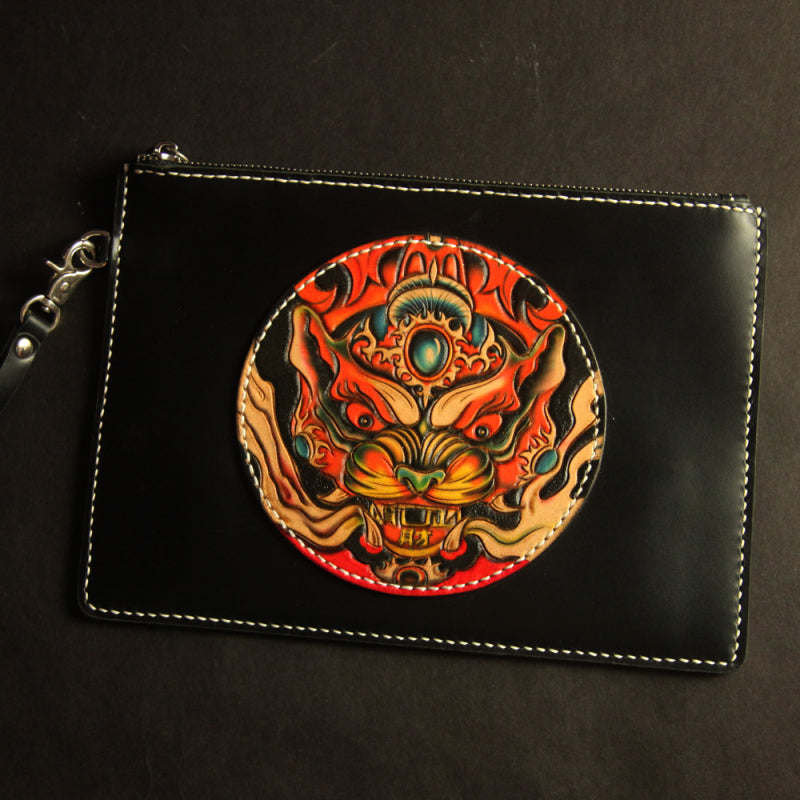 Cool Handmade Tooled Leather Floral Skull Clutch Wallet Wristlet Bag Clutch Purse For Men - iwalletsmen