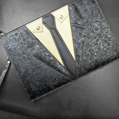 Handmade Leather Floral Tooled Mens Clutch Cool Slim Wallet Zipper Clutch Wristlet Wallet for Men