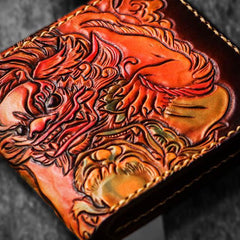 Handmade Leather Chinese Lion Tooled Mens billfold Wallet Cool Leather Wallet Slim Wallet for Men