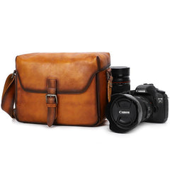 Cool Brown Men Leather Camera Side Bag Tan SLR Camera Leather Cube Messenger bag For Men - iwalletsmen