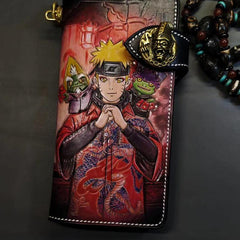 Badass Black Leather Men's Naruto Long Biker Wallet Handmade Tooled Zipper Long Wallets For Men - iwalletsmen