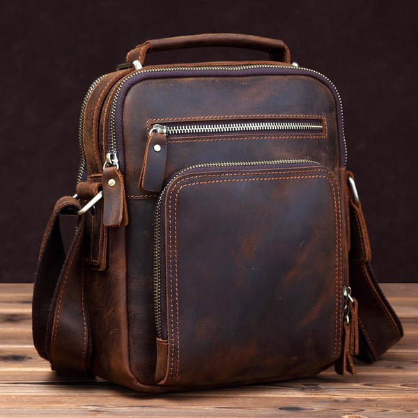 Small Brown Leather Messenger Bag Men's Vertical Side Bag Mini Vertical HandBag Courier Bag For Men - iwalletsmen