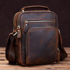 Small Brown Leather Messenger Bag Men's Vertical Side Bag Mini Vertical HandBag Courier Bag For Men - iwalletsmen