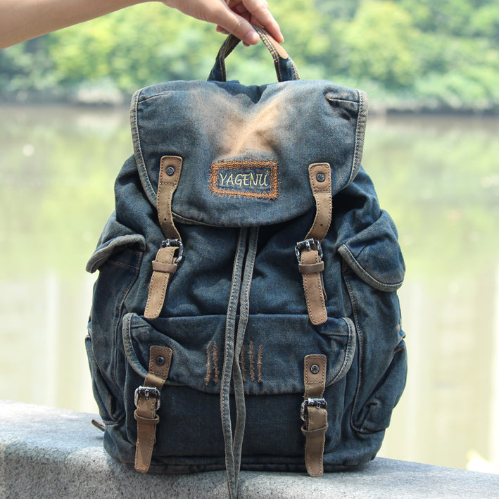 Denim Blue Mens Large Backpack School Backpack Blue Laptop Backpack For Men - iwalletsmen