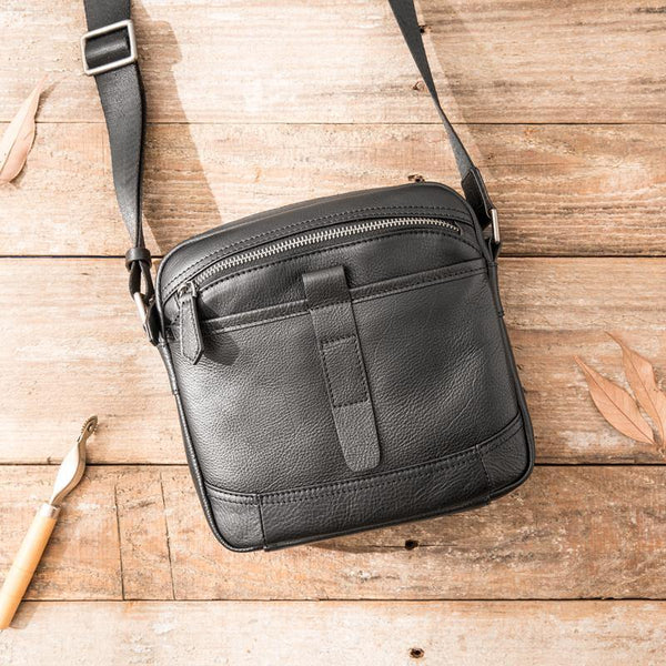 Black Cool Leather Mens Small Shoulder Bags Vertical Messenger Bags Square Phone Bag for Men - iwalletsmen