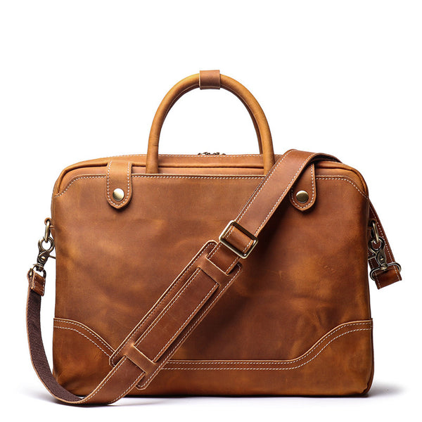 Vintage Brown Leather Men's Professional Briefcase 15‘’ Computer Briefcase Handbag For Men - iwalletsmen