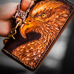 Handmade Leather Mens Tooled Eagle Chain Biker Wallet Cool Leather Wallet Long Clutch Wallets for Men