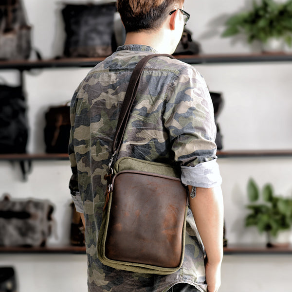 Cool Canvas Leather Mens Vertical Small Side Bag Gray Messenger Bag for Men - iwalletsmen