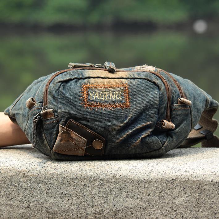 Fashion Denim Denim Blue Mens Fanny Pack Waist Bag Jeans Blue Canvas Hip Bag For Men - iwalletsmen