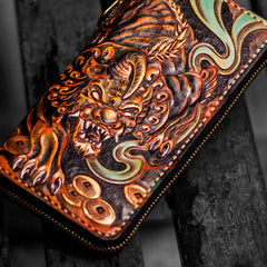Handmade Leather Mens Tooled Monster Chain Biker Wallet Cool Leather Wallet Long Clutch Wallets for Men