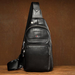Black Leather Mens Cool Sling Pack Sling Bags Black Crossbody Packs Chest Bag for men - iwalletsmen