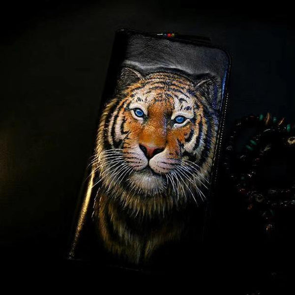 Badass Black Leather Men's Tiger Long Biker Wallet Handmade Tooled Zipper Long Wallet For Men - iwalletsmen