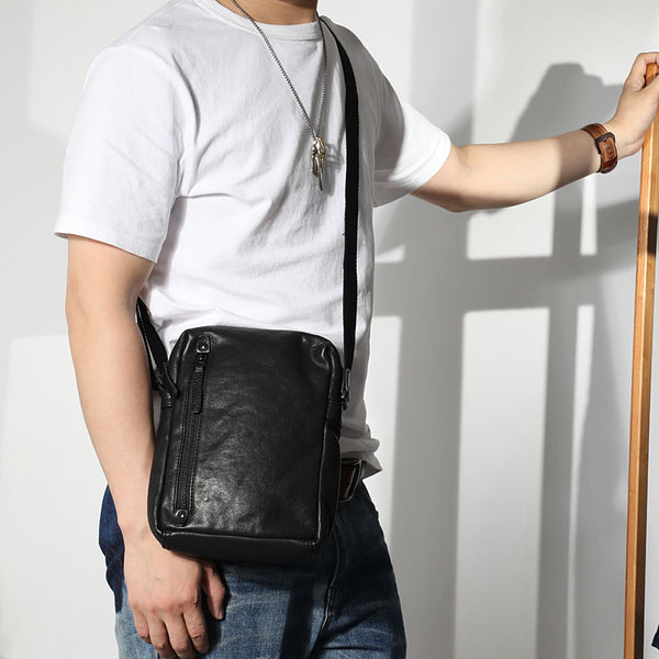 Cool Black LEATHER MEN'S 8 INCHES Small Side BAGs Vertical Coffee MESSENGER BAGs Courier BAG FOR MEN - iwalletsmen