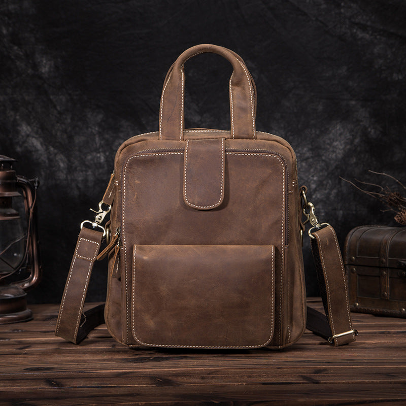 Leather Mens Vertical Work Bag Handbag Brown Vertical Small Briefcase Shoulder Bag For Men - iwalletsmen