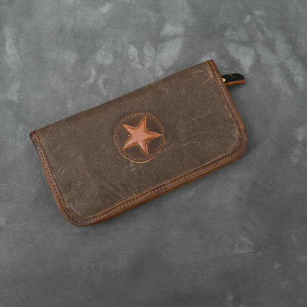 Brown Canvas Mens Long Wallet Zipper Green Clutch Phone Wallet For Men - iwalletsmen