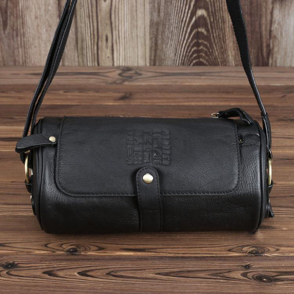 Casual Black Leather Mens Barrel Postman Bag Side Bag Bucket Messenger Bag For Men - iwalletsmen