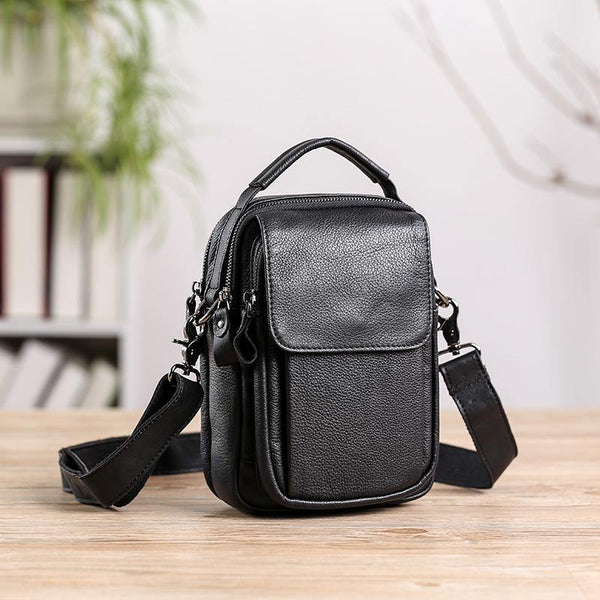 Fashion Black Leather MENS Vertical Small Side Bag Black Messenger Bag Courier Bag For Men - iwalletsmen