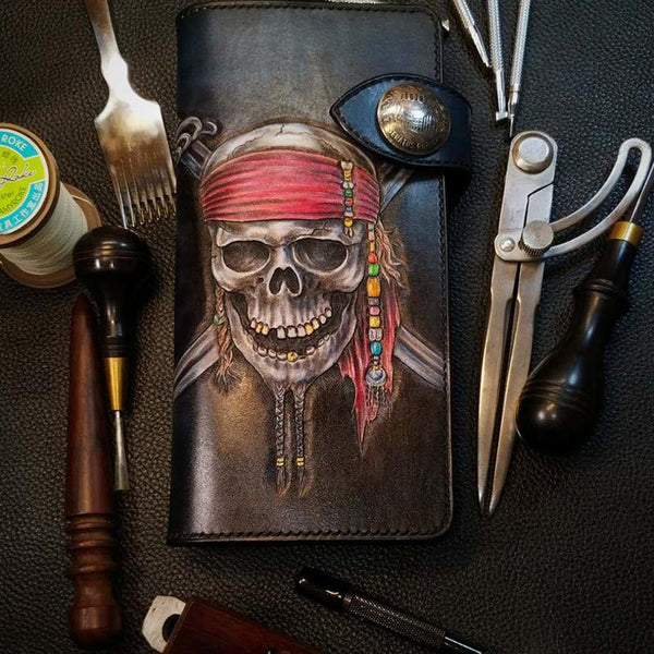 Badass Leather Men's Pirate Skull Long Biker Wallet Handmade Tooled Biker Chain Wallets For Men - iwalletsmen