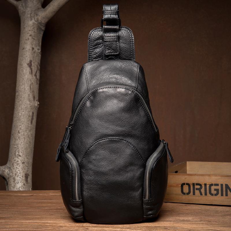 Black Leather Mens Cool Crossbody Pack Sling Bags Black Sling Pack Chest Bag for Men - iwalletsmen