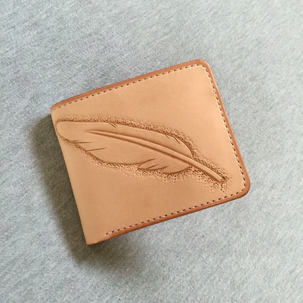 Handmade Leather Mens Tooled Feather Cool billfold Leather Wallet Men Small Wallets Bifold for Men