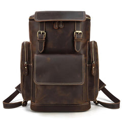 Dark Brown Leather Mens Large 15'' Travel Backpack College Backpack Barrel Backpack for Men - iwalletsmen