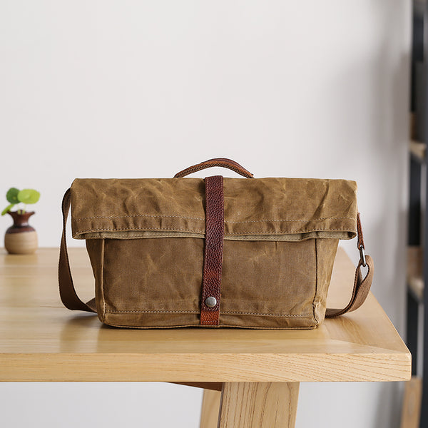 Waxed Canvas Mens Womens Side Bag 13‘’ Khaki Courier Bag Messenger Bag for Men - iwalletsmen