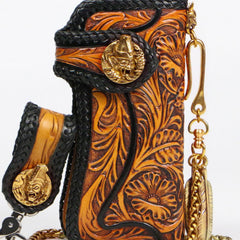 Handmade Mens Cool Tooled Floral Leather Chain Wallet Biker Trucker Wallet with Chain