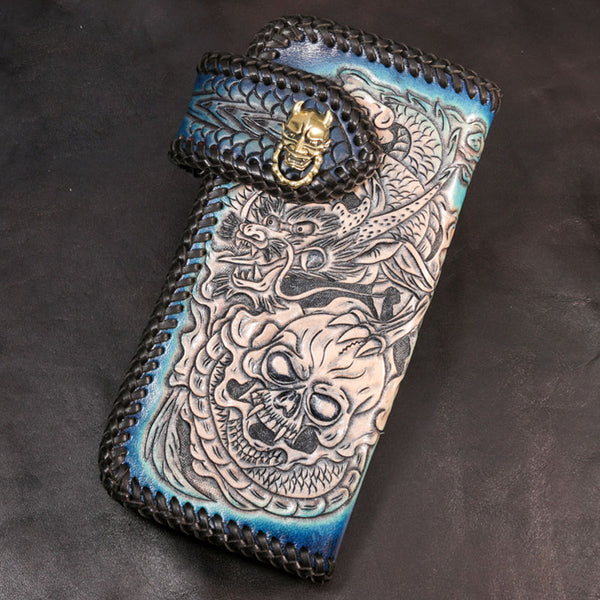 Handmade Leather Skull Punk Mens Chain Biker Wallet Cool Leather Wallet Long Wallets for Men