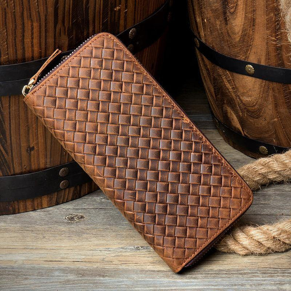 Brown Woven Mens long Wallet Wristlet Wallet Clutch Wallet Zipper Bifold Long Wallet for Men - iwalletsmen