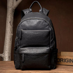 Fashion Black Mens Leather 13-inch Computer Backpack Black Travel Backpack School Backpack for men - iwalletsmen