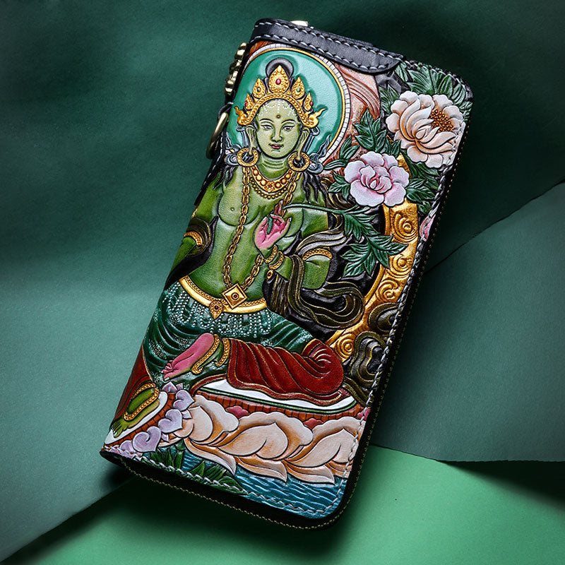 Handmade Leather Green Tara Buddhism Mens Chain Biker Wallet Cool Leather Wallet With Chain Wallets for Men