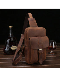 Brown Cool LEATHER MENS Sling Bags One Shoulder Backpack Dark Coffee Chest Bag For Men - iwalletsmen