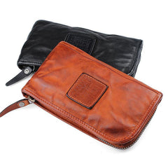 Cool Leather Mens Brown Long Chain Wallet Black Wristlet Wallet Black Clutch Wallet for Men - iwalletsmen