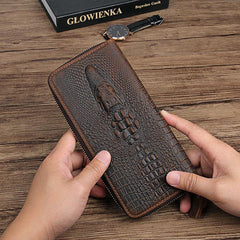 Cool Crocodile Pattern Brown Mens Leather Long Wallet Bifold Zip Long Wallet for Men - iwalletsmen