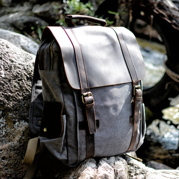 Cool Canvas Leather Mens College Backpack Travel Backpack 15'' Computer Hiking Backpack for Men - iwalletsmen