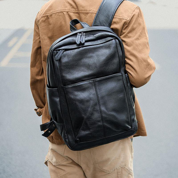 Black Cool Leather Mens School Backpack College Backpack 15" Black Computer Backpack For Men - iwalletsmen