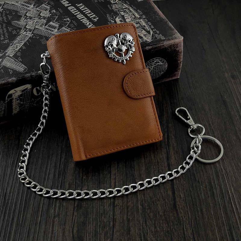 Badass Chain Wallet Brown Leather Mens Trifold Small Skull